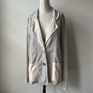 Hem & Thread Cardigan Blazer Size Large Cream Black Striped Knit Relaxed Fit
